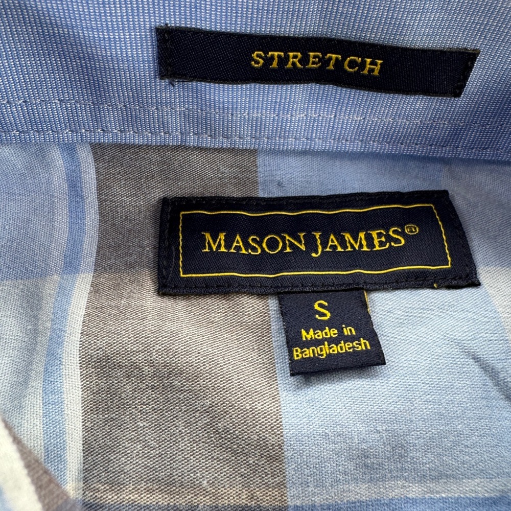 Mason James Mens Small Blue Brown Plaid Short Sleeve Stretch Button Down Shirt - Picture 4 of 9